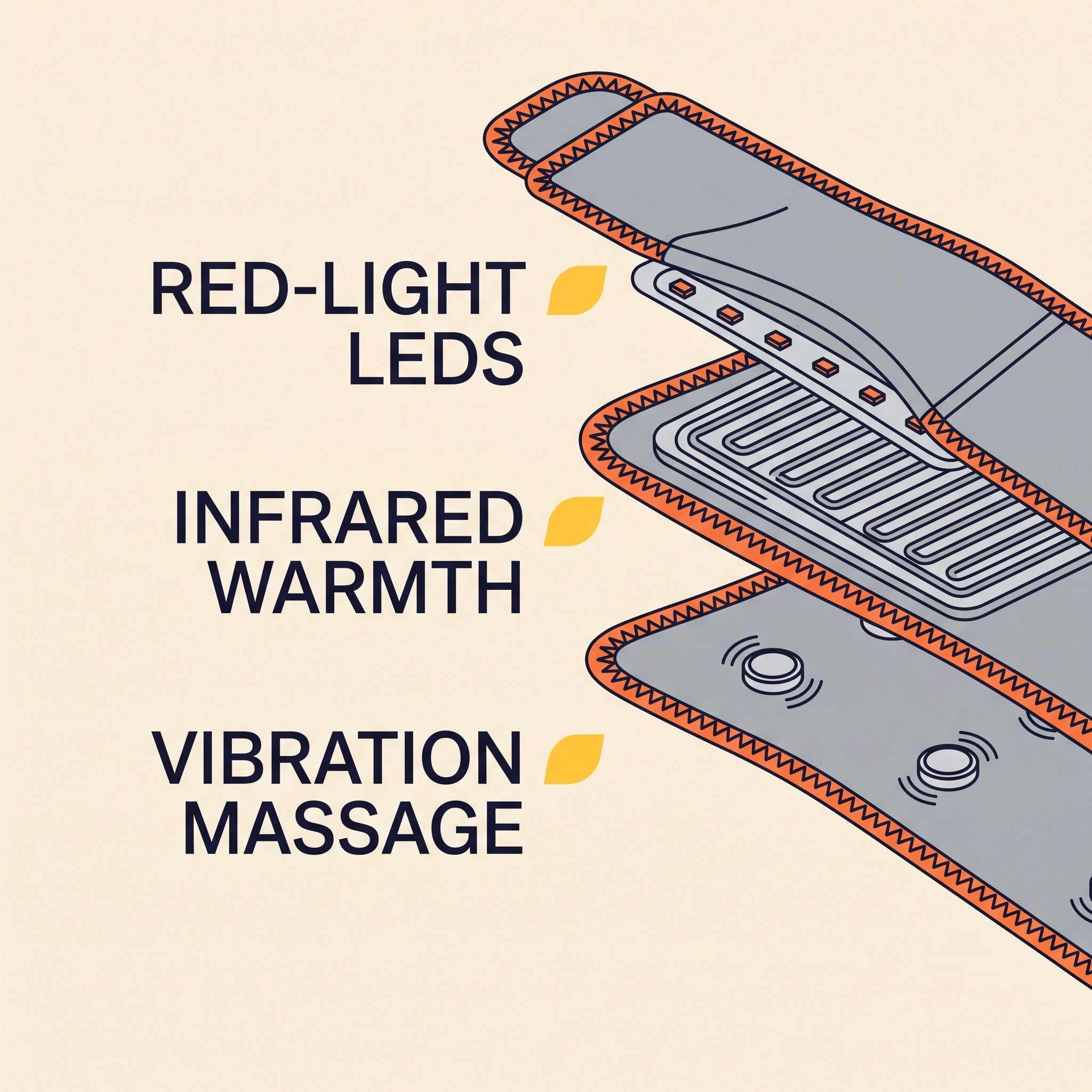 Labeled diagram of the belt's three layers: red LED light, infrared warmth and vibration massage