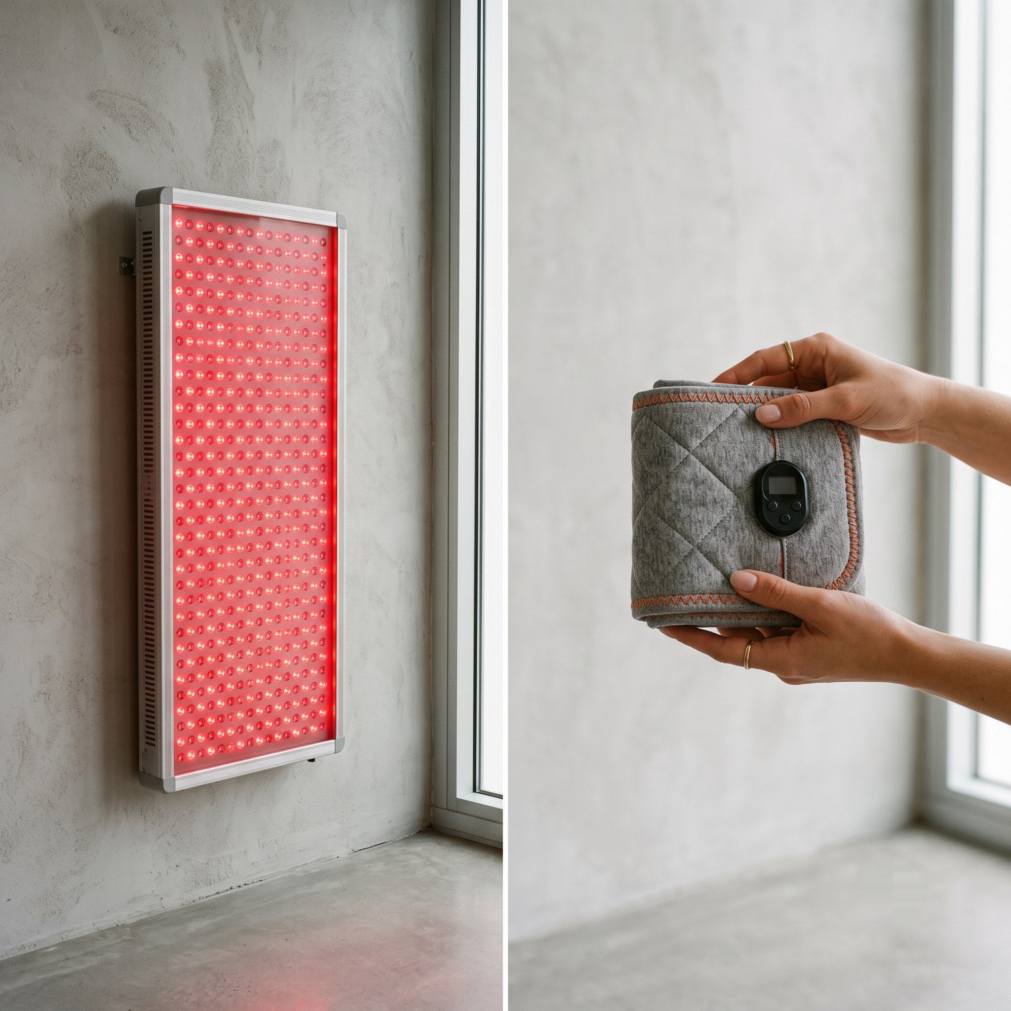 Side-by-side comparison of a large wall-mounted clinic light panel and the compact folded LumaVena belt held in two hands