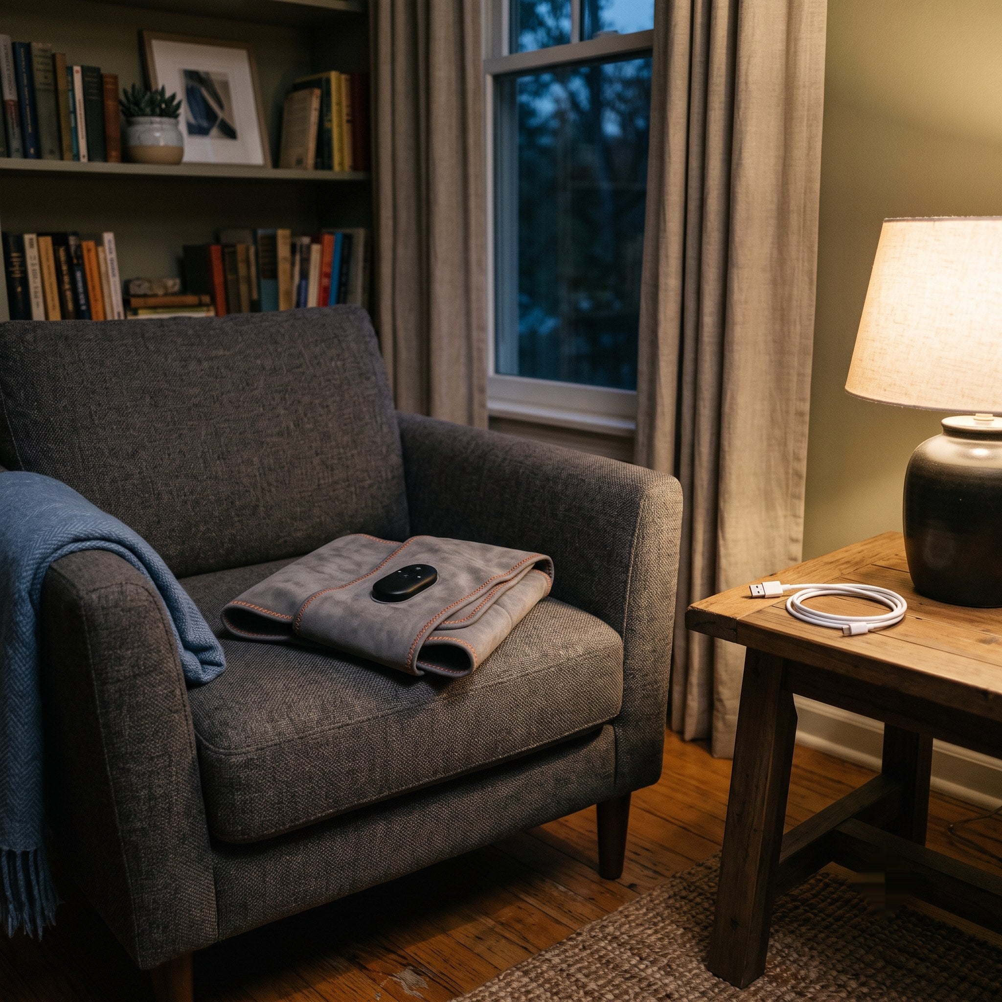 Quiet living room in the evening with an empty armchair and the folded belt and charging cable on a side table