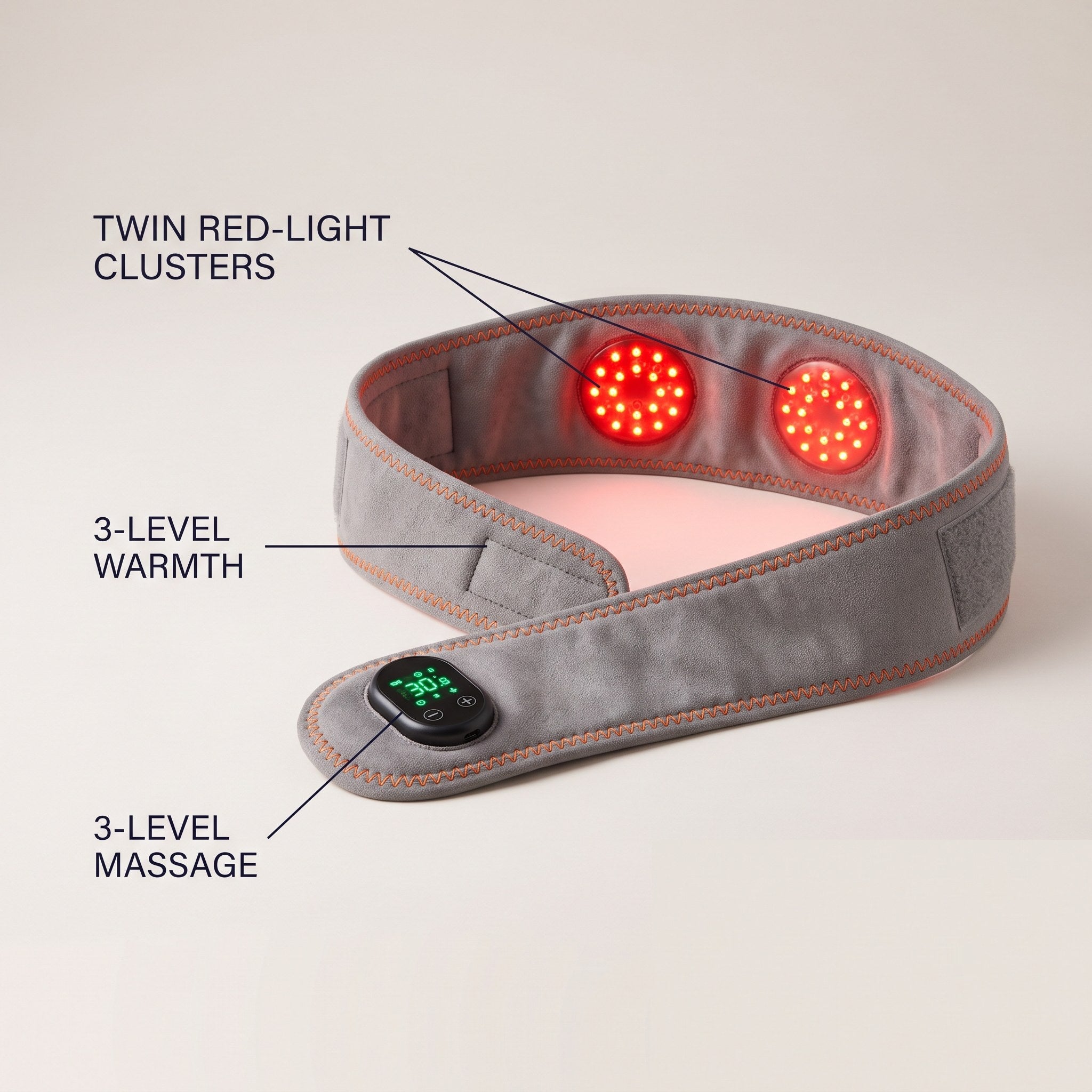 LumaVena belt laid flat with LED clusters lit on a neutral background with three labeled feature callouts