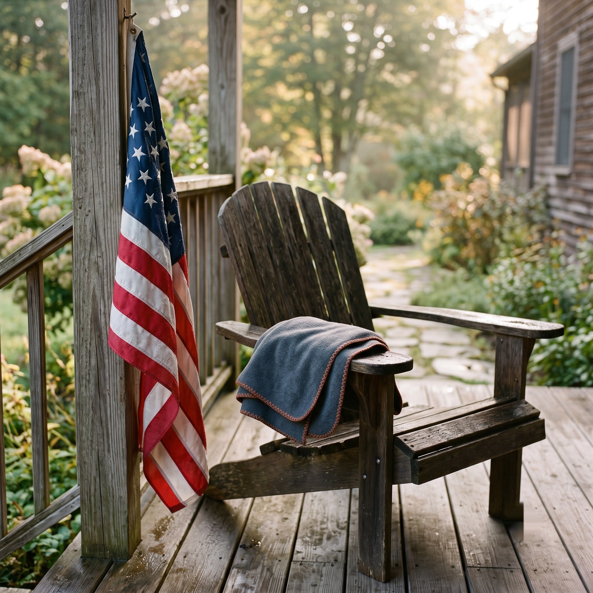 American flag on a porch in morning light with the folded belt resting on the armrest of a chair