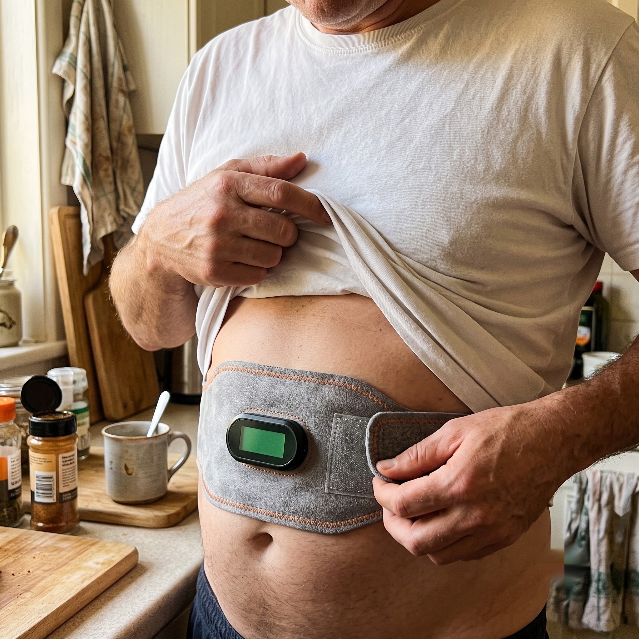 Step 1: hands fastening the adjustable LumaVena belt over the upper-right abdomen