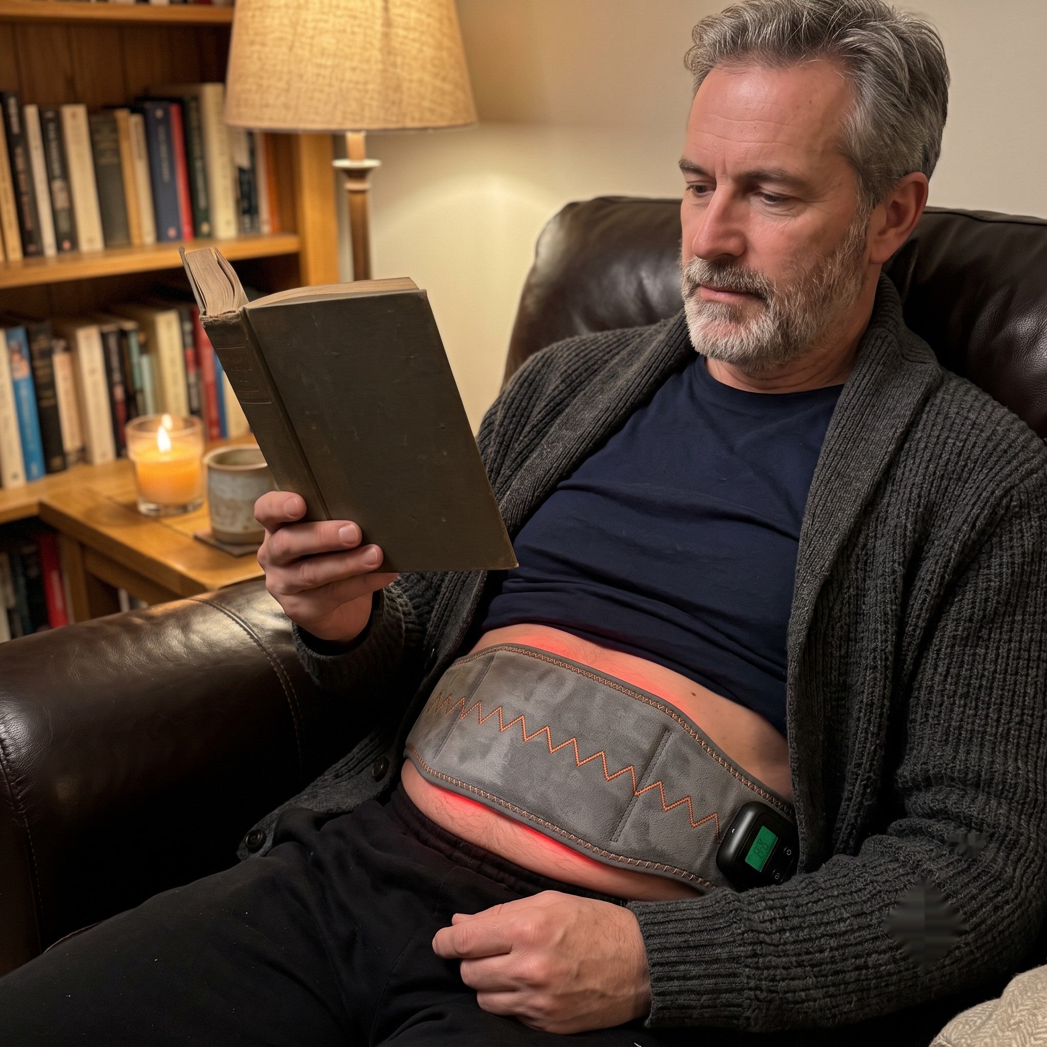 Step 3: person sitting back in an armchair reading while wearing the belt with a soft red glow
