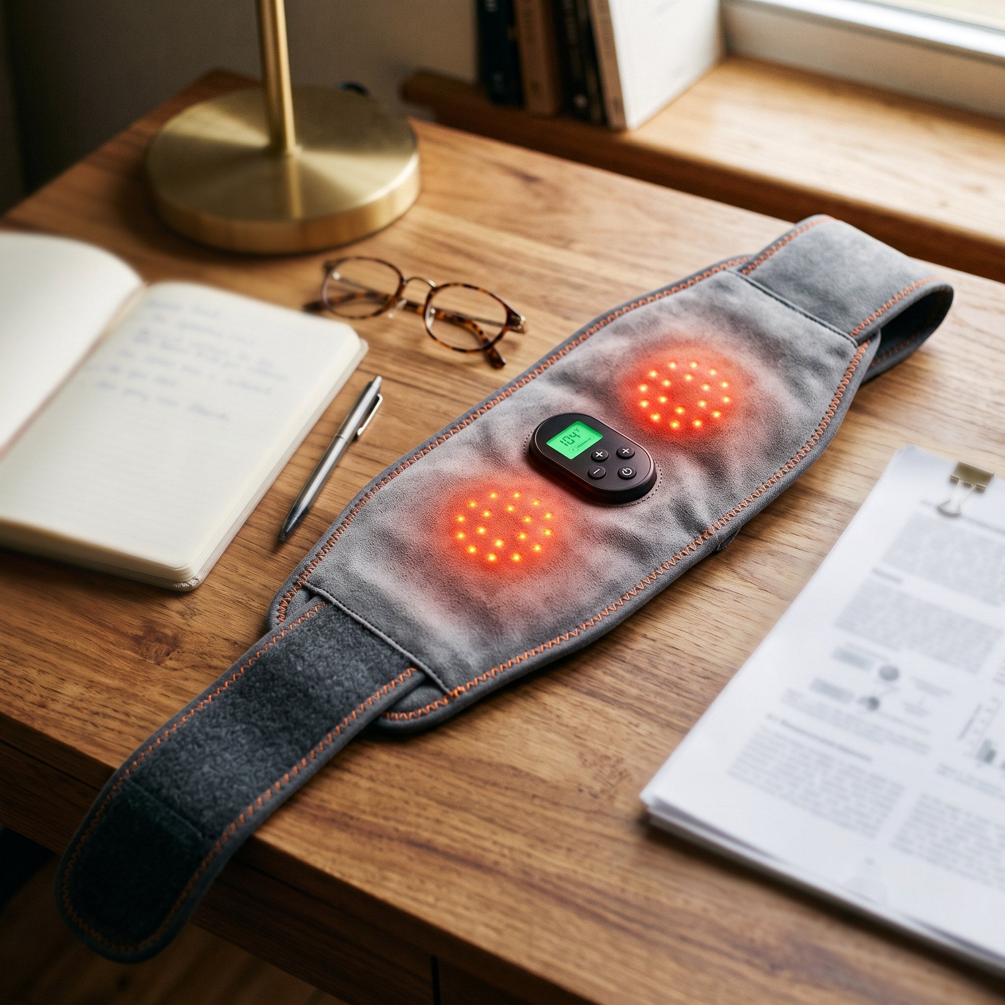 LumaVena liver belt laid flat on a wooden desk beside a notebook, reading glasses and printed research papers in warm lamp light