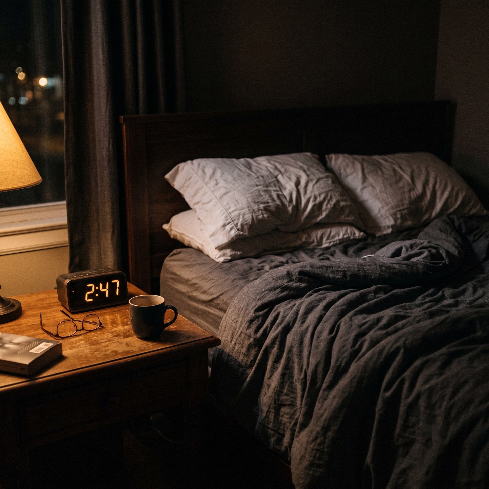 Dim bedroom at night with a bedside clock reading 2:47 in warm low light