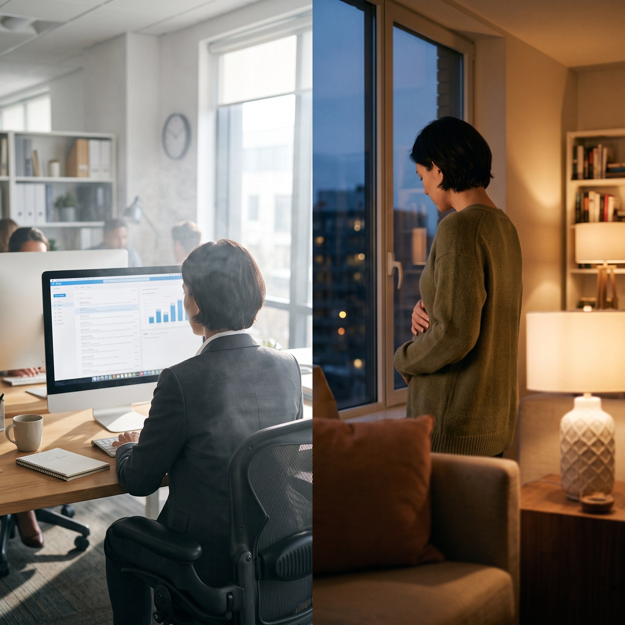 Split illustration of afternoon brain fog at a desk and evening heaviness with a hand resting on the upper-right abdomen