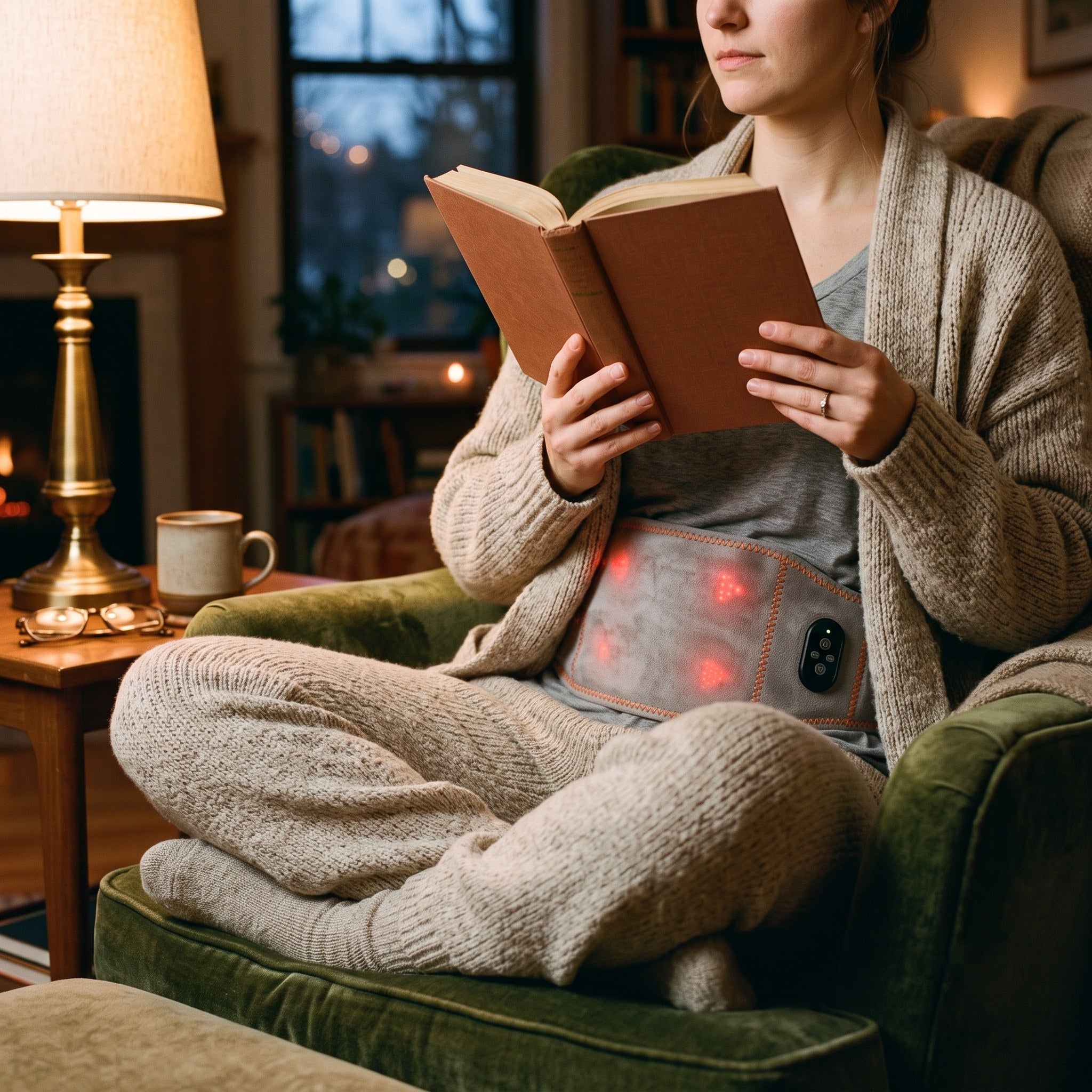 Person relaxing in a reading chair at dusk with the belt visible under an open cardigan, a faint red glow and a book in hand