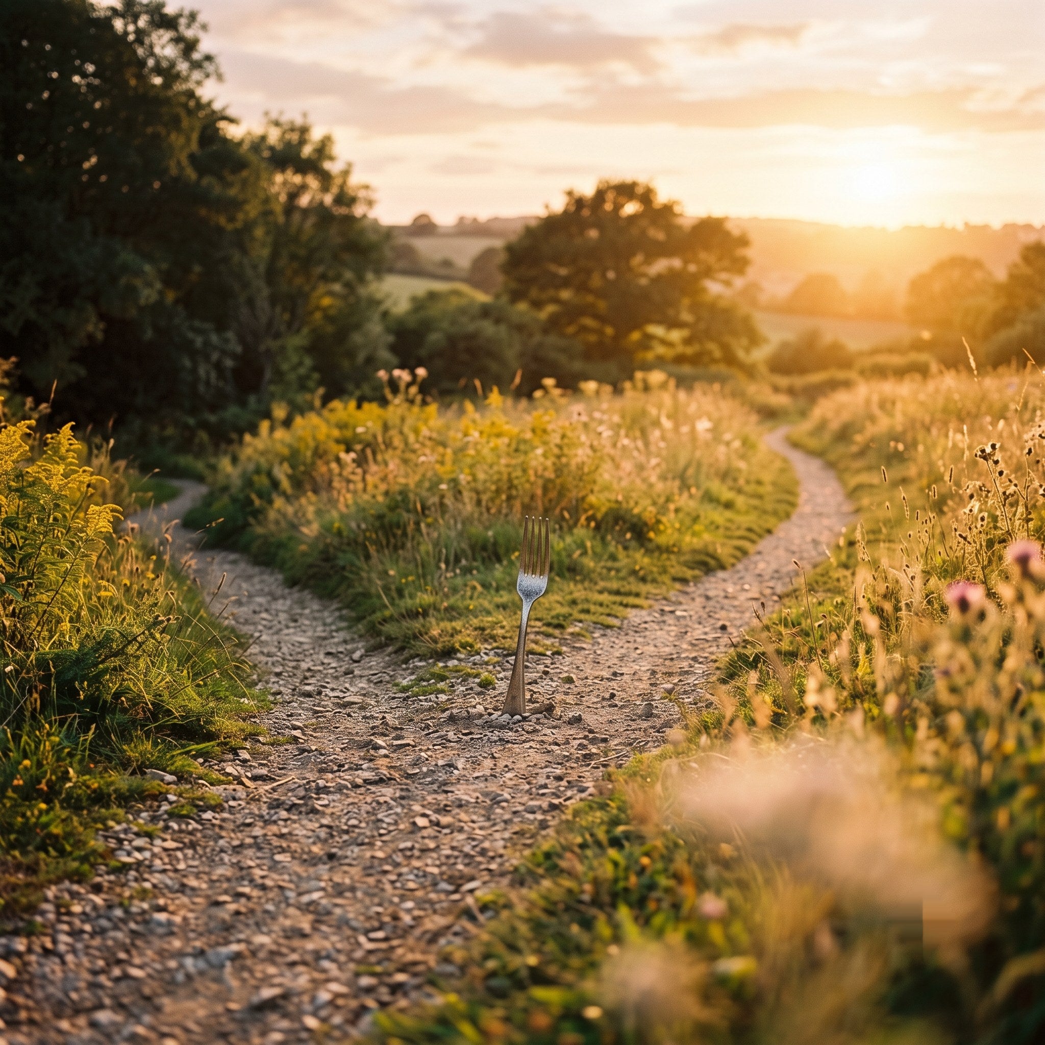 A fork in a walking path at golden hour
