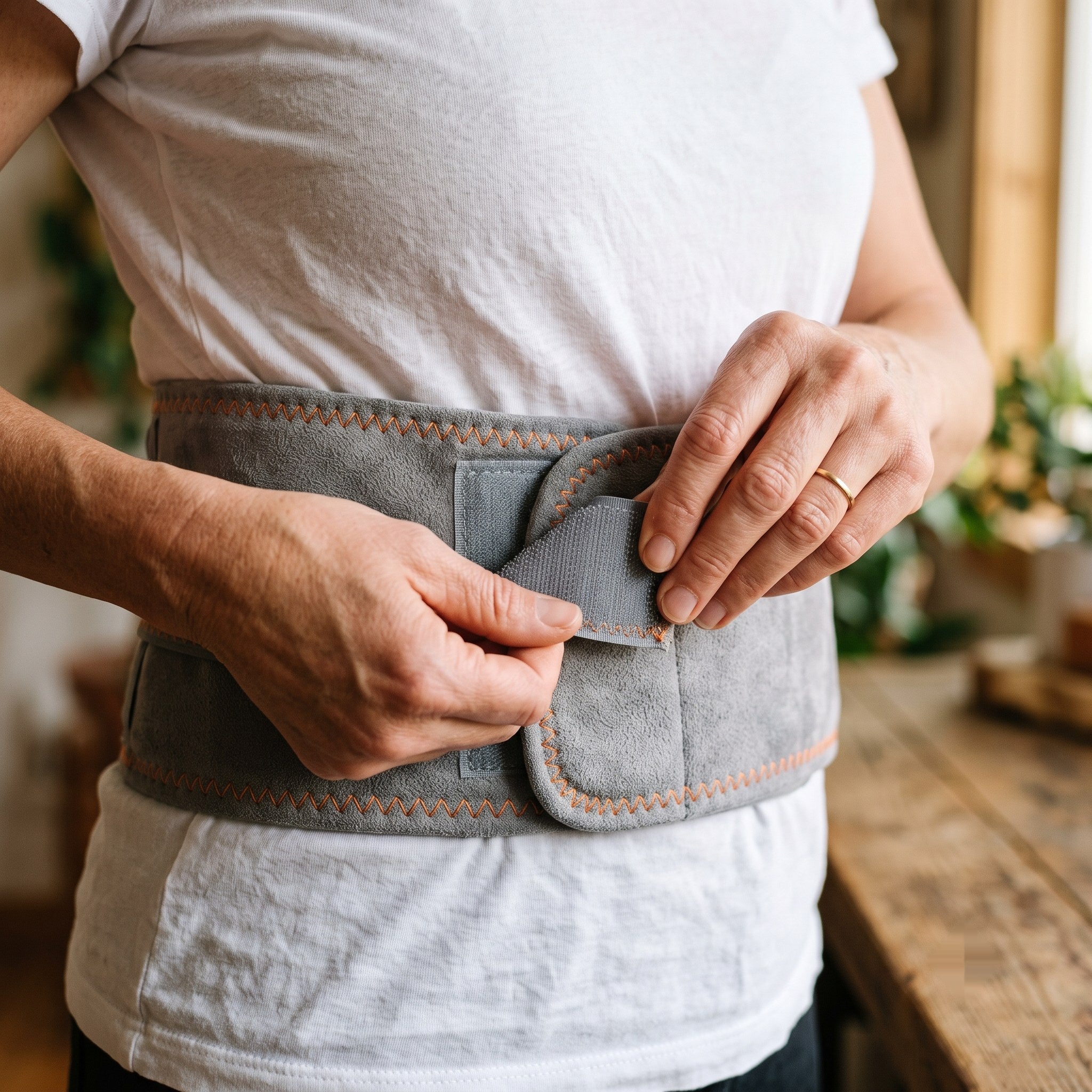 Hands fastening the adjustable LumaVena belt over the upper-right abdomen