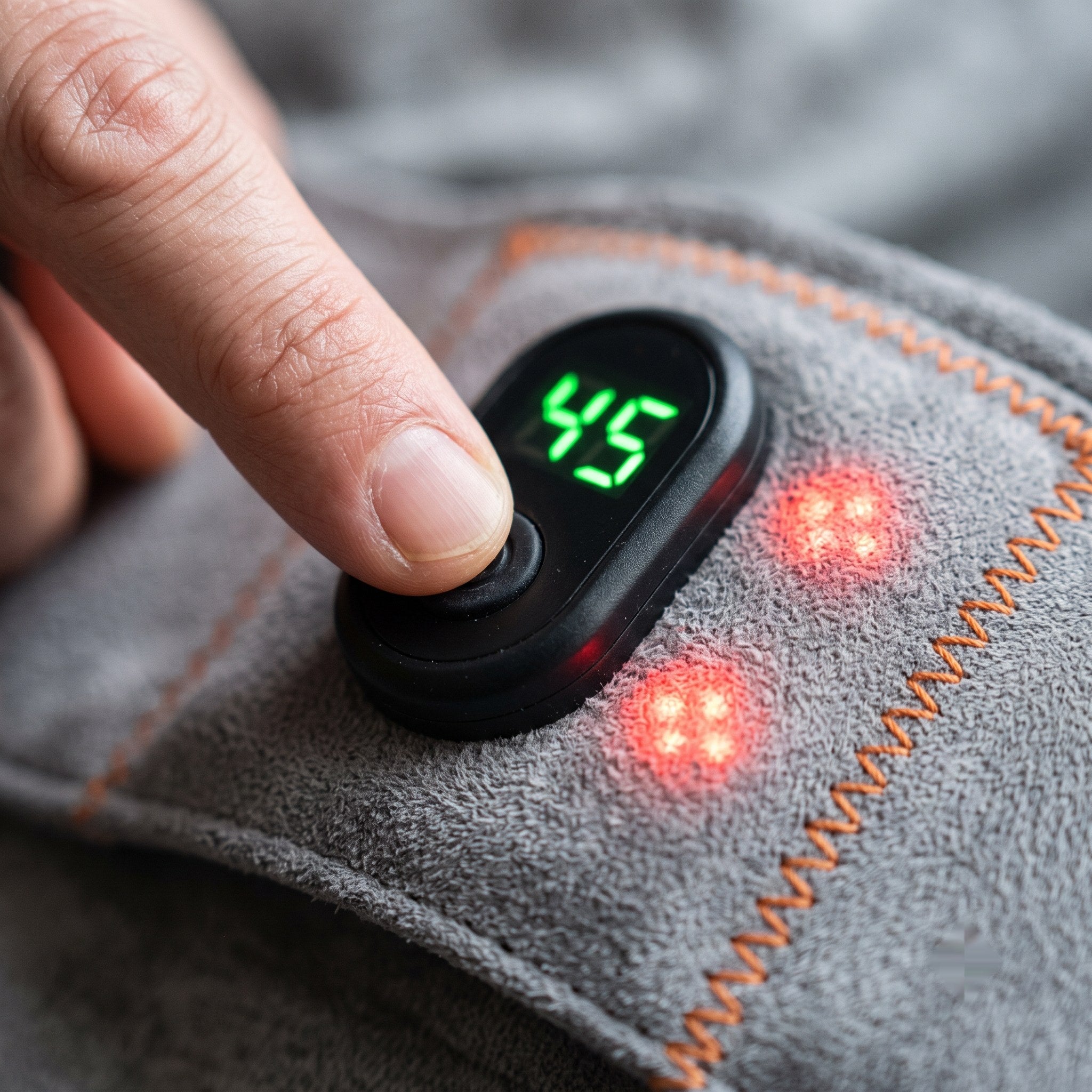 Finger pressing the belt's single control button as the red LEDs light up