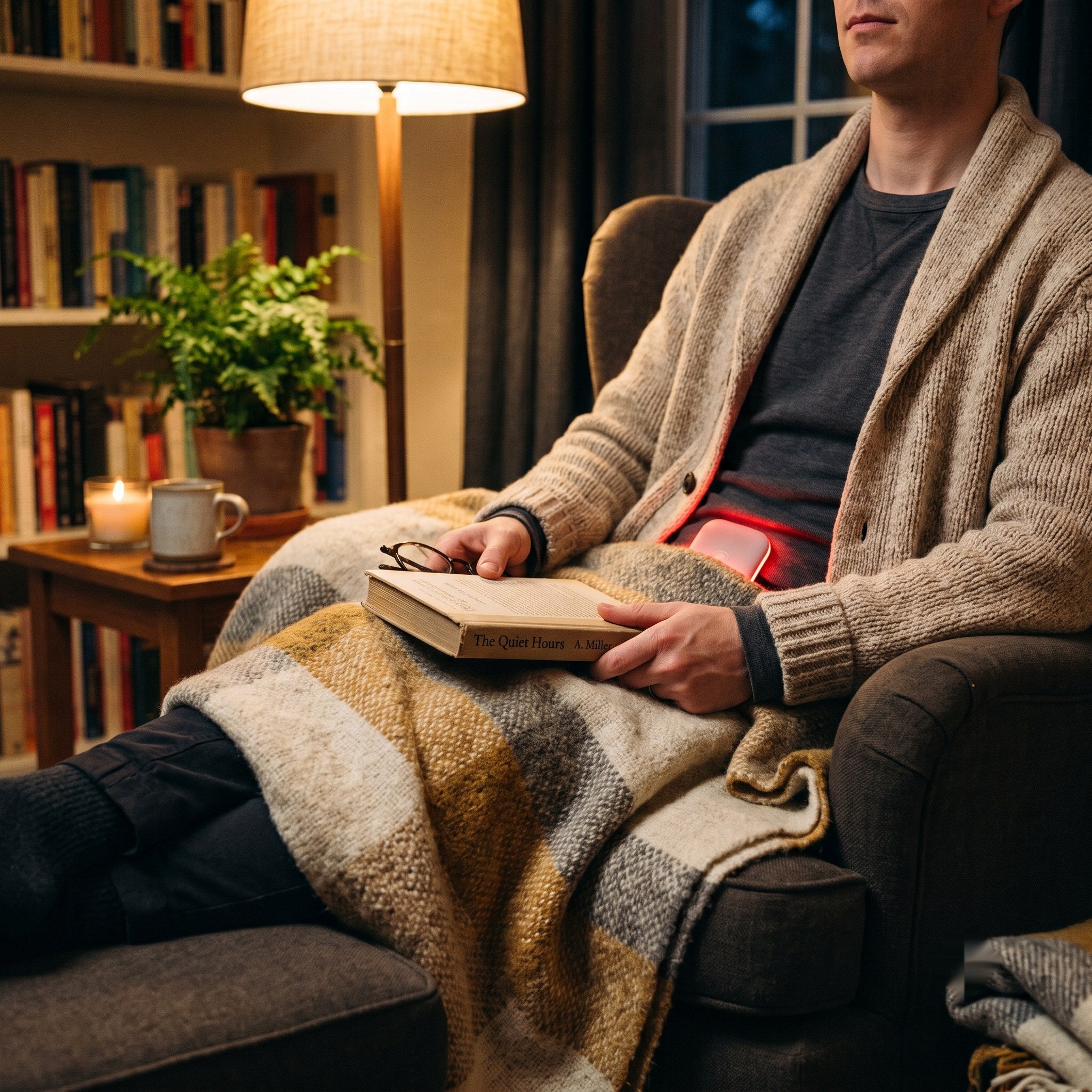 Person reading in a chair with a faint red glow from the belt at the waist